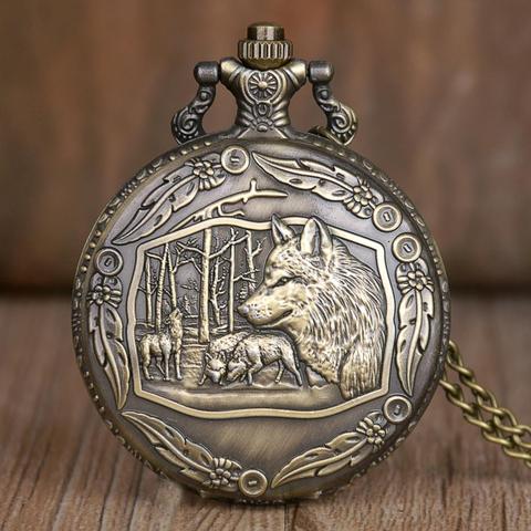 Montre de poche à Quartz pour hommes et femmes, Vintage, en bronze, loup, pendentif, collier, bijoux cadeaux, TD2070 ► Photo 1/4