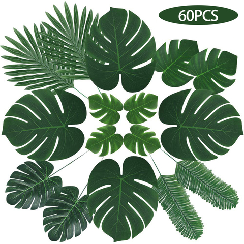 60 pièces 6 sortes Monstera feuilles de palmier artificielles plante tropicale Faux tiges hawaïennes décorations de fête Jungle plage thème Table ► Photo 1/6