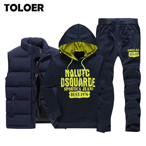 Survêtement 3 pièces, veste à capuche + gilet zippé + pantalon, pour homme, tenue de sport, à glissière, imprimée, en molleton, épais, nouvelle collection ► Photo 1/6