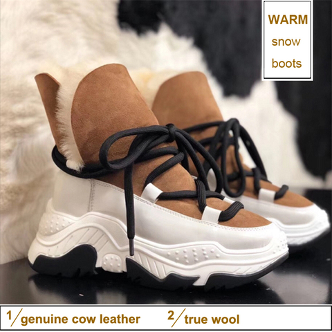 En Cuir véritable Femmes Bottes de Neige Hiver Chaud Laine Fourrure Cheville Baskets Haut Plate-Forme Antidérapante Bottes De Luxe Décontracté Chaussures De Sport ► Photo 1/6