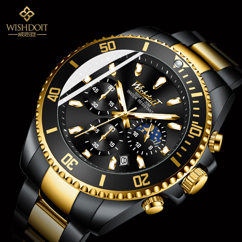 WISHDOIT Top marque de luxe hommes Sport montres doré étanche en acier inoxydable montre-bracelet homme horloge mode montre-bracelet ► Photo 1/6