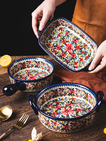 Bol à salade à poignée en céramique rétro, casserole à four pour le petit déjeuner, bol à soupe Binaural de style bohème, vaisselle en glaçure ► Photo 1/6