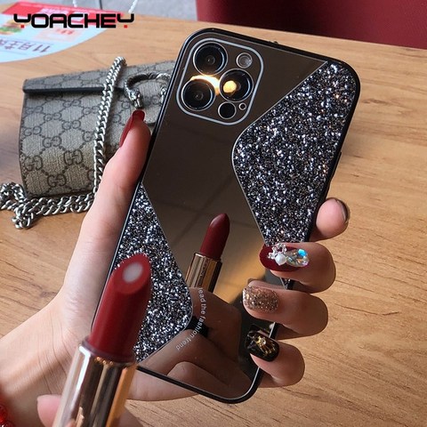 Bling Paillettes Maquillage Miroir Pour iPhone 12 11 Pro MAX Mini X XS XR 8 7 Plus SE 2 2022 Luxe Silicone Housse Antichoc ► Photo 1/6