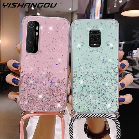 Avec sangle de cou étui à paillettes transparent pour Xiaomi Mi Note 10 Lite 10T 11 A3 Poco X3 NFC M3 Redmi Note 9 9s 8T 8 Pro 7 8A 9A 9C couverture ► Photo 1/6