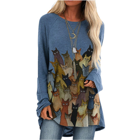 Ample décontracté femmes beaux chats imprimer surdimensionné T-shirt à manches longues 2022 nouveau à la mode automne dessin animé impression longs t-shirts Femme ► Photo 1/5