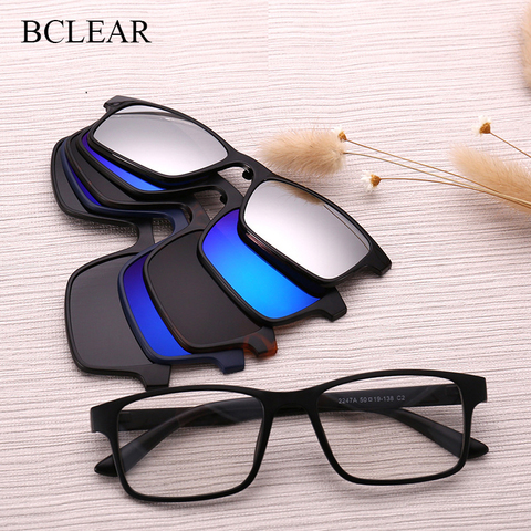 BCLEAR Fashion-monture de lunettes TR90 pour hommes et femmes, avec 5 lentilles solaires clipsées, Prescription magnétique, monture ► Photo 1/6