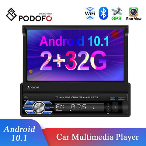 Podofo Android 1Din autoradio 2 + 32G 7 ''écran rétractable multimédia Audio MP5 lecteur GPS Wifi Bluetooth USB FM récepteur ► Photo 1/6