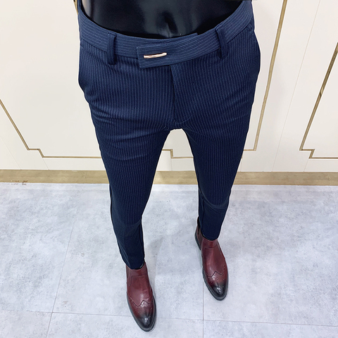 Pantalon Chic rayé bleu marine pour homme, Slim, coupe ajustée à la cheville, tenue de soirée, bureau ► Photo 1/6