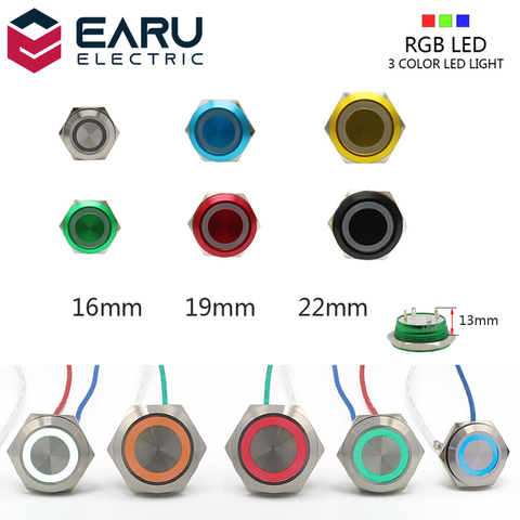 Micro interrupteur LED RGB à 3 couleurs, 16/19/22mm, bouton-poussoir métallique à réinitialisation automatique, court, étanche ► Photo 1/6