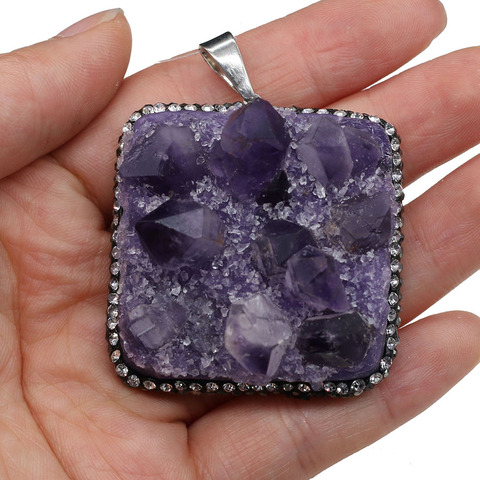 Pendentif carré en pierre naturelle, agate violette, Druzy, breloques en cristal, pour bricolage, collier, fournitures pour la fabrication de bijoux, 42x45mm ► Photo 1/3