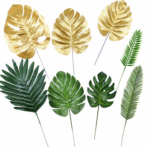 Feuille de tortue verte or artificielle 5/10 pièces | Fausse feuille de soie dispersée, fausse plante pour mariage, fête d'anniversaire, feuilles de palmier de décoration à domicile ► Photo 1/6