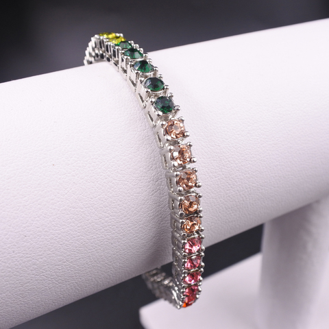 Bracelet en pierre de cristal arc-en-ciel, 7 couleurs, couleur argent, rangée, chaîne de tennis hip hop, rap à paillettes, rock dance, or, cadeau, bijoux ► Photo 1/6