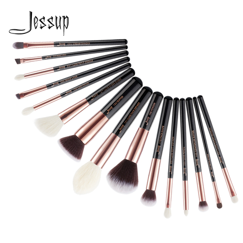 Jessup ensemble de pinceaux de maquillage fond de teint tampon shader brosse 15 pièces noir/or Rose cheveux naturels-synthétiques kестоееееенененненнненненнненннннненнене ► Photo 1/6