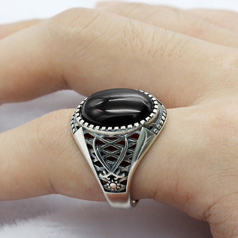 Bague en argent Sterling 925 véritable pour hommes, anneau islamique avec pierre d'onyx noire, Double épée, bijoux religieux turcs, cadeau ► Photo 1/6