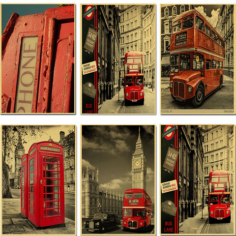 Vintage londres rouge bus Affiche Rétro Paysage Bus Booth Big Ben Affiche art Mur Décoration de la maison ► Photo 1/6