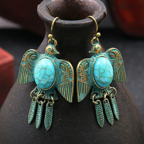 Boucles d'oreilles ethniques pour femmes, Turquoises, style Boho, métal, vert, Bronze, Antique, forme de Pigeon ► Photo 1/6