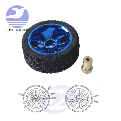 Roue en caoutchouc RC 65mm, modèle de pneu allongé en cuivre, raccord hexagonal pour châssis de voiture intelligente Arduino, bricolage ► Photo 1/6