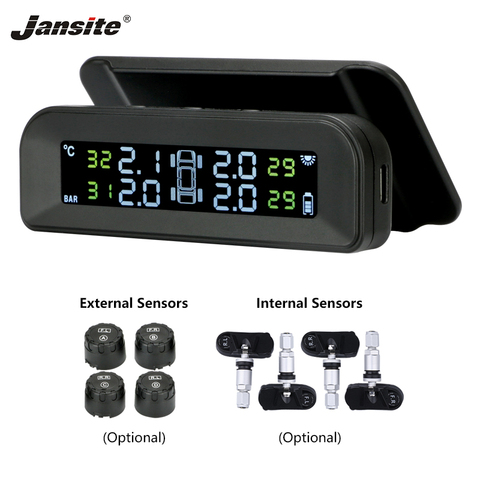 Jansite TPMS Original sans fil HD solaire voiture pression des pneus alarme moniteur système affichage allumer avec la vibration avec 4 capteurs ► Photo 1/6