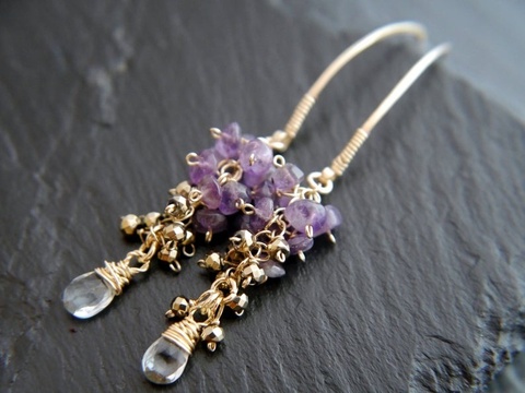 Boucles d'oreilles en Cascade améthyste, Pyrite et aigue-marine naturelle ► Photo 1/2