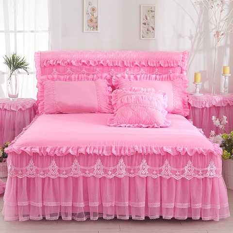 1 pièce dentelle lit jupe + 2 pièces taies d'oreiller ensemble de literie princesse literie couvre-lits drap lit pour fille couvre-lit King/Queen size ► Photo 1/6