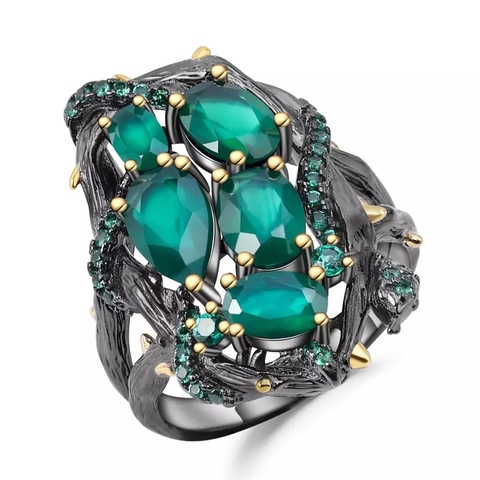 GEM'S BALLET 925 en argent Sterling à la main branche serpent élément anneau naturel vert Agate pierre gemme anneau pour les femmes bijoux ► Photo 1/6