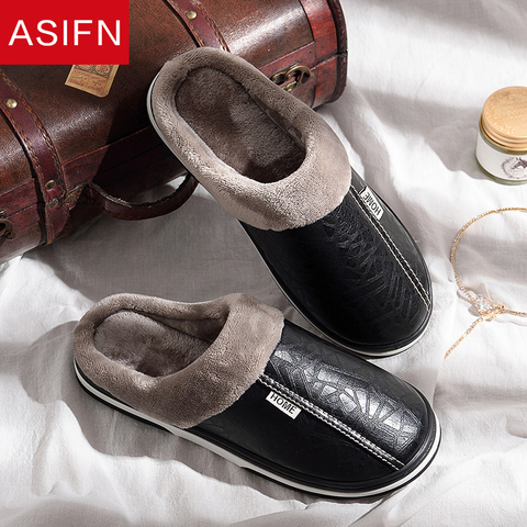 ASIFN – pantoufles d'hiver pour hommes, chaussures d'intérieur antidérapantes, en cuir, grande taille, chaussures de maison imperméables et chaudes en mousse à mémoire de forme ► Photo 1/6