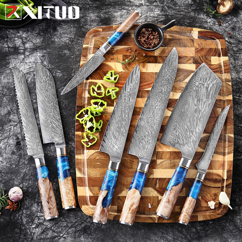 XITUO-ensemble de couteaux de Chef en acier damas VG10 pour la cuisine, couteau à pain, couperet, manche en résine bleue et bois de couleur ► Photo 1/6