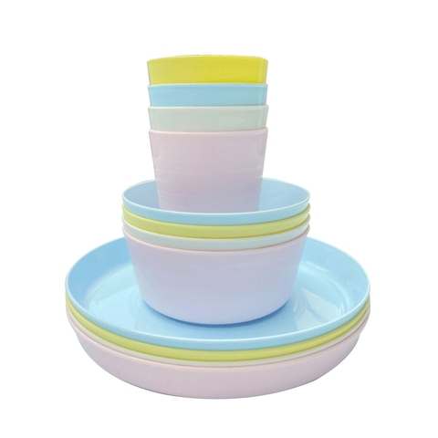Ensemble de vaisselle en plastique de 12 pièces, réutilisable sans BPA 4 tasses, 4 bols et 4 assiettes vaisselle d'étudiant définit la vaisselle de cuisine ► Photo 1/6