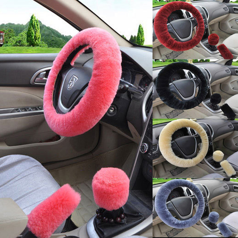 Kit de couverture de volant à ressort en peluche douce 3 pièces avec levier d'arrêt + frein à main housse en laine hiver accessoire intérieur de voiture Auto chaud ► Photo 1/6