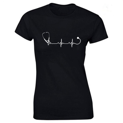 T-shirt à manches courtes pour femme, en coton, humoristique, avec battement de coeur pour médecin et infirmière ► Photo 1/6
