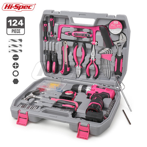 Hi-Spec 60 pièces rose ensemble d'outils à main Kit 12V tournevis électrique Li-ion batterie Gril dame femmes ménage ensemble d'outils électriques ► Photo 1/6