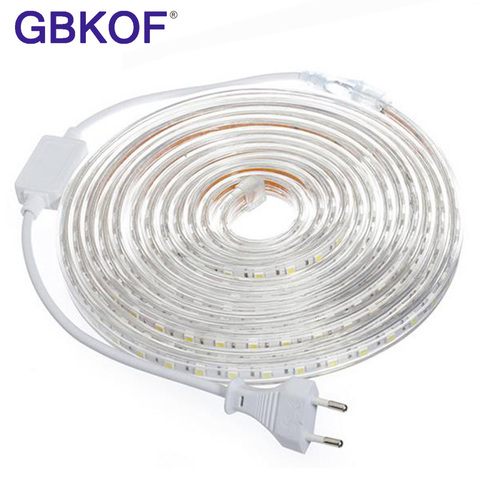 Bande lumineuse LED SMD 5050 AC220V, 60 diodes/m, étanche, avec prise d'alimentation, 1M/2M/3M/5M/6M/8M/9M 10M/15M/20M ► Photo 1/6