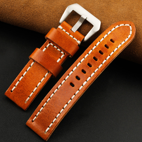 Bracelet de montre en cuir brut replié, Orange, 20, 22, 24, 26MM, épais, en cuir de veau, pour hommes ► Photo 1/6