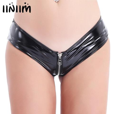 Culotte Femme entrejambe ouverte culotte sans entrejambe Latex micro bikini Femme adulte Sexy Mini short fermeture eclair entrejambe ouvert sous-vêtements ► Photo 1/6