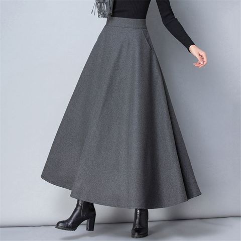 Hiver femmes longue jupe en laine mode taille haute basique laine jupes femme décontracté épais chaud élastique a-ligne Maxi jupes O839 ► Photo 1/6