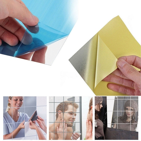 Autocollants muraux argentés pour miroir, 15x15cm, autocollants muraux pour miroir, pour chambre à coucher, salle de bains, Stickers carrés, décoration murale pour la maison, bricolage, 0.1MM ► Photo 1/6