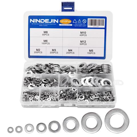 Jeu de rondelles en acier inoxydable M2 M3 M4 M5 M6 M8 M10 M12, rondelles plates, bague de rondelle simple, Kit d'assortiment de joints GB97 1010 pièces ► Photo 1/6