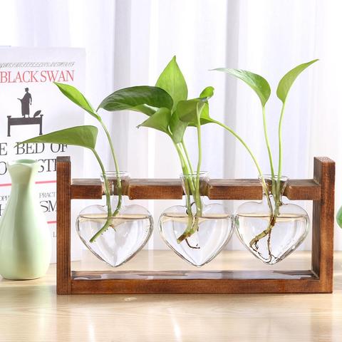 Vase en verre en bois et en verre, Terrarium, Table de bureau, plante hydroponique, bonsaï, Pot de fleurs, Pots suspendus avec plateau en bois ► Photo 1/6