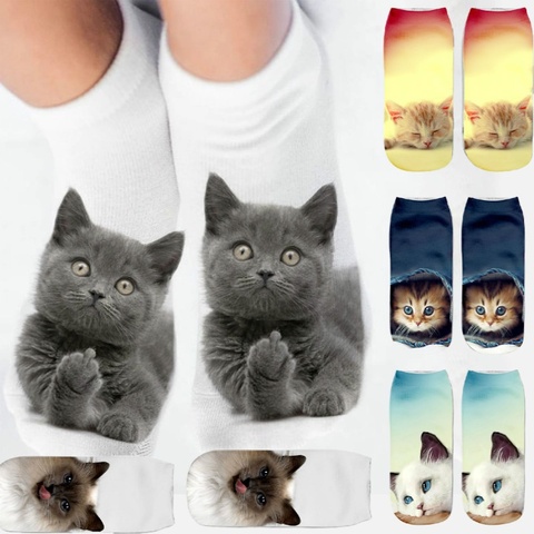 Chaussettes en coton pour hommes et femmes, chaussettes courtes, imprimées en 3D, avec chat au milieu, unisexe, douces, à la mode ► Photo 1/6