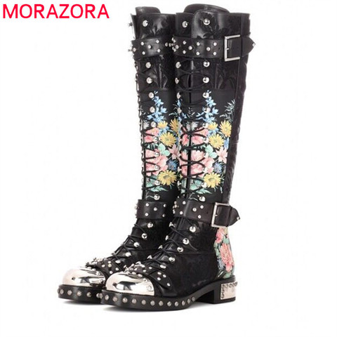 MORAZORA – bottes classiques en cuir véritable pour femme, chaussures hautes à talons bas, bout rond avec boucle et rivets, mode automne hiver 2022 ► Photo 1/6