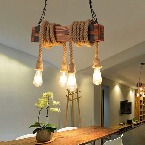 Réglable rétro industriel bois lustre salle à manger luminaire barre café barre chanvre corde suspension lampe E27 suspension ► Photo 1/6