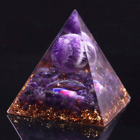 Pyramide Orgonite en améthyste naturelle, sphère d'énergie Orgonite, brille dans la nuit, empêche les radiations, énergie cosmique, décoration en pierre ► Photo 1/6