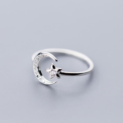 Réel 925 en argent Sterling minimaliste Zircon lune étoile anneau d'ouverture pour les femmes de charme fête Fine bijoux mignon 2022 cadeau ► Photo 1/5