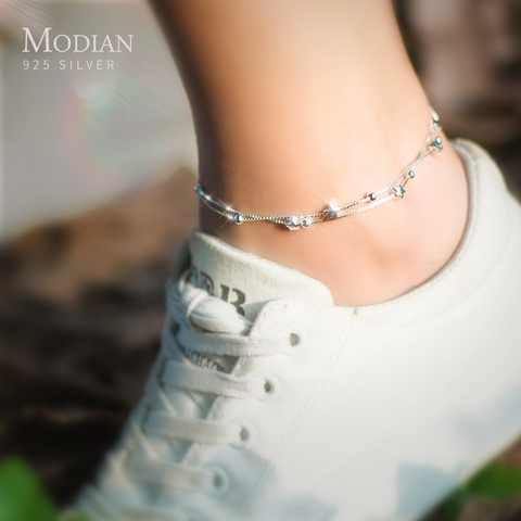 Modian nouveau Double couche perles étoiles cheville pour femmes véritable 925 en argent Sterling mode pied jambe chaîne lien Fine bijoux cadeaux ► Photo 1/4