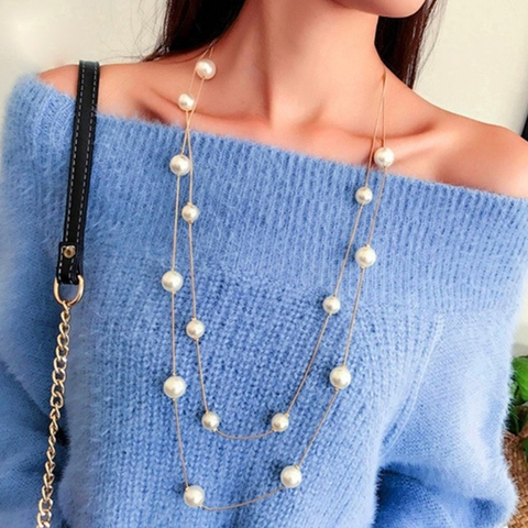 Longue chaîne de pull en perles simulées, Double couche, collier de clavicule pour femme, élégant, bijoux de fête, collier de bal ► Photo 1/6