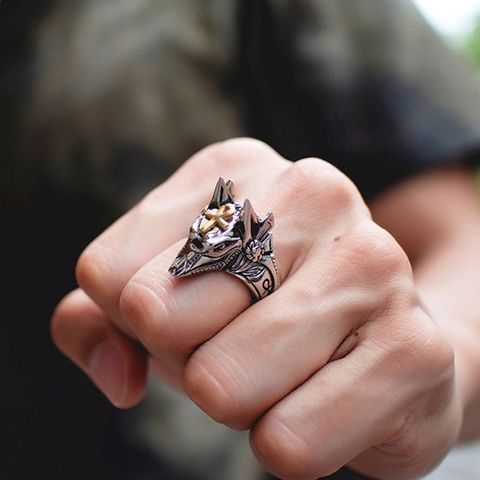 Bague Anubis égyptienne, bague à doigt de dieu, en acier inoxydable, Punk, tête de loup, Knuckle, bijoux rétro, pour hommes et femmes ► Photo 1/6