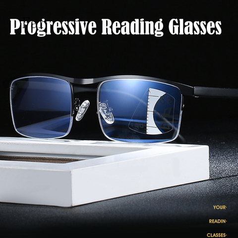 Lunettes de lecture progressives pour hommes et femmes, multifocales, grossissantes, presbytes, métal, Anti-rayon bleu, monture carrée, 2.0 ► Photo 1/6