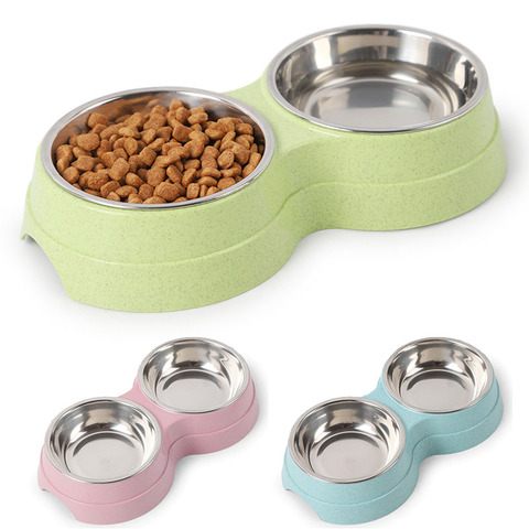 Double distributeur d'eau bols d'animaux | Bol d'animaux pour chiens, distributeur d'eau, acier inoxydable pour animaux domestiques, mangeoire de plats, fournitures d'alimentation pour chats et chiots, accessoires pour petits chiens ► Photo 1/6