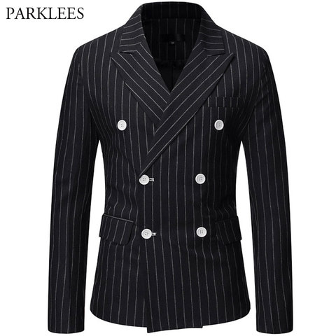 Noir rayé hommes Blazer mode Double boutonnage hommes Costume veste manteaux décontracté affaires Tuexdo Costume Homme Casaco Masculino ► Photo 1/6