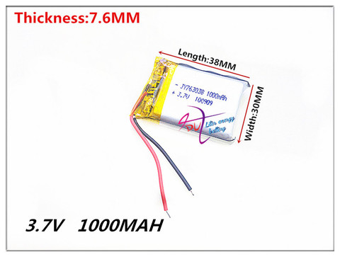 Batterie lithium-ion polymère 763038 V 3.7 MAH, 1000 mah, véhicule enregistreur de données de voyage, haut-parleurs LED, jouets, 1000 ► Photo 1/1